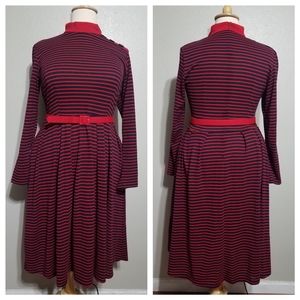 BETTIE PAGE Striped Long Sleeve Red & Blue Dress